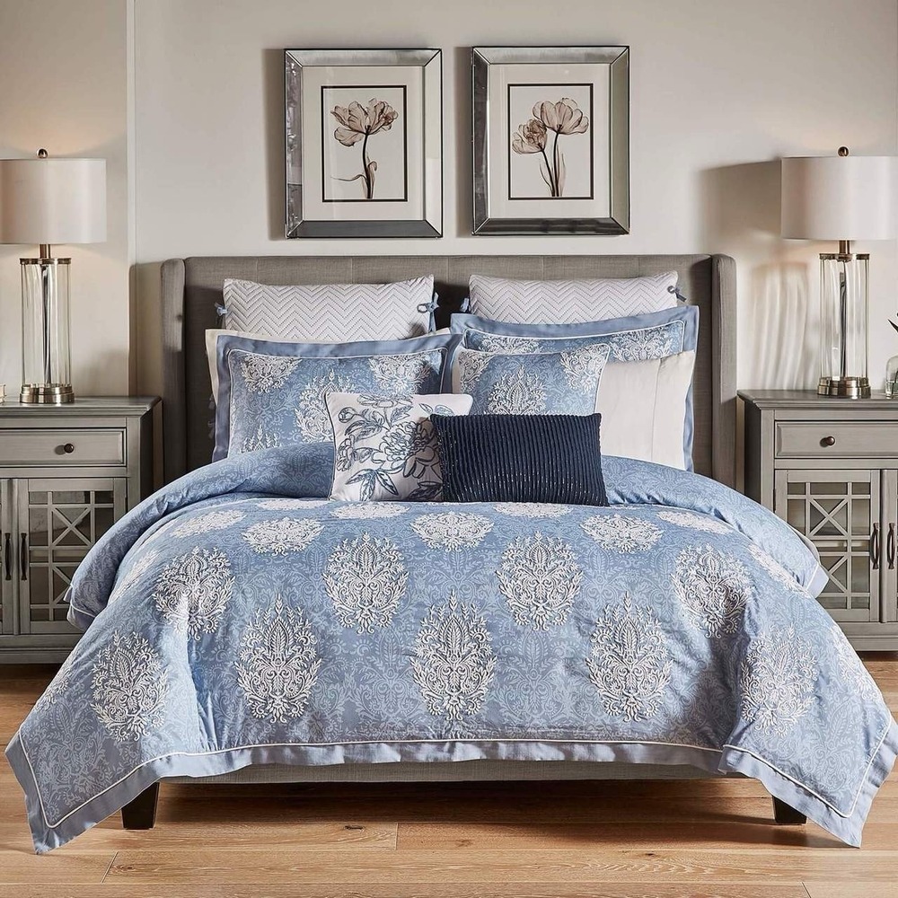 Croscill Zoelle King Comforter & 2 Pillow Shams 3 Pc Set Blue Embroidered Cotton